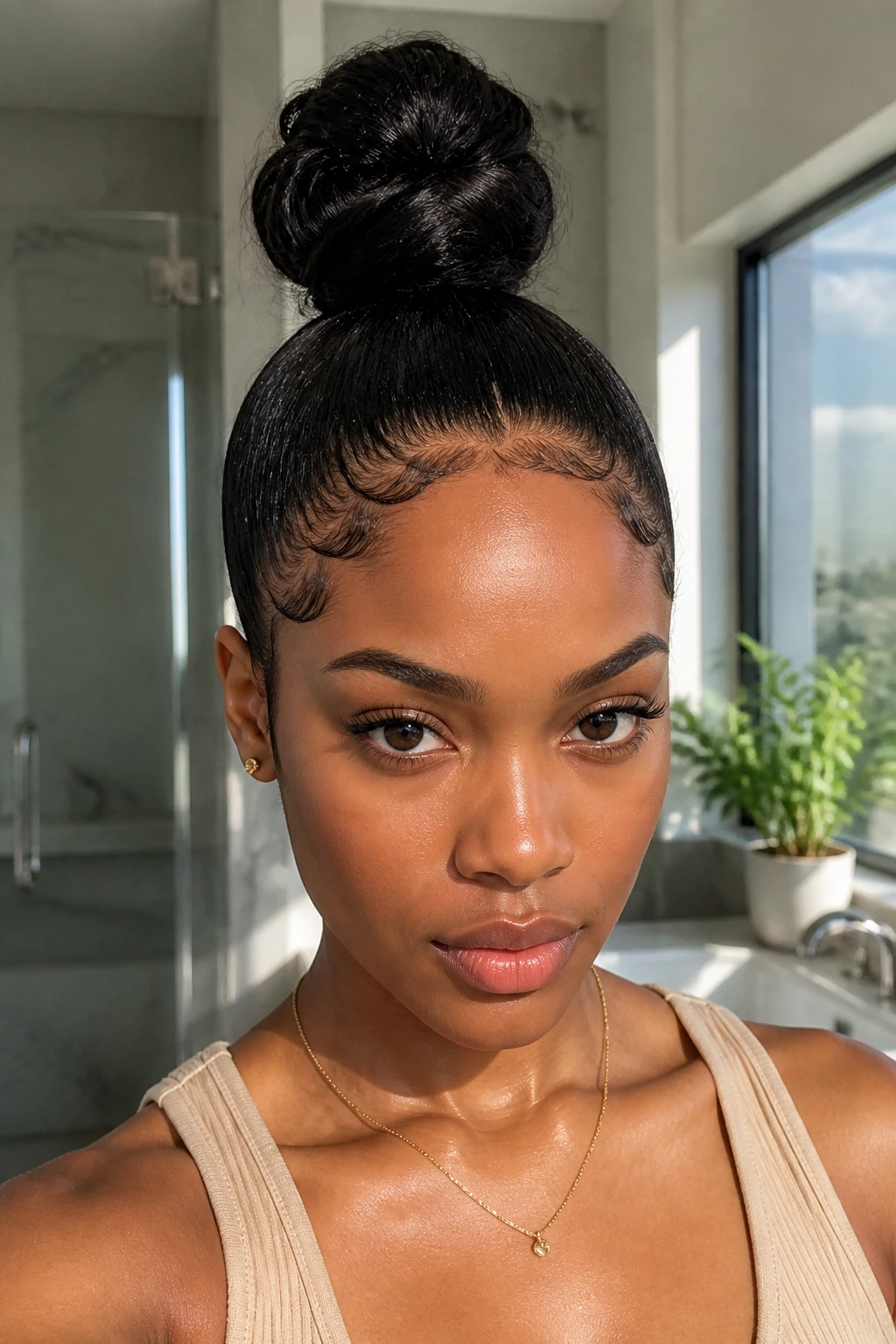 Close-up of a woman with a sleek topknot and laid edges