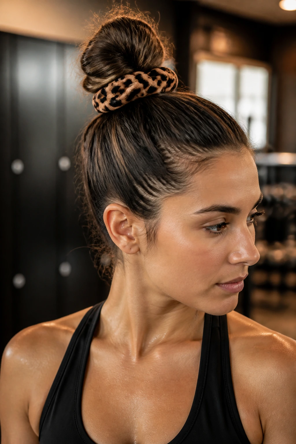 Real woman with high topknot wearing leopard print scrunchie in workout setting