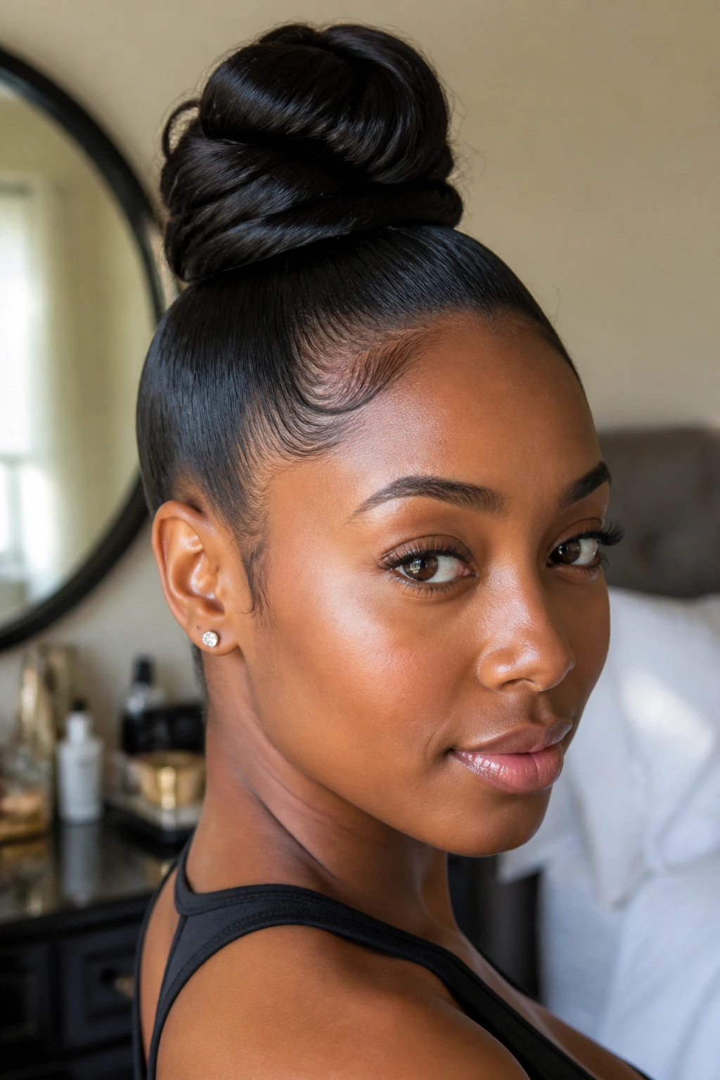 Close-up portrait of a real woman with a sleek topknot and polished edges in soft morning light