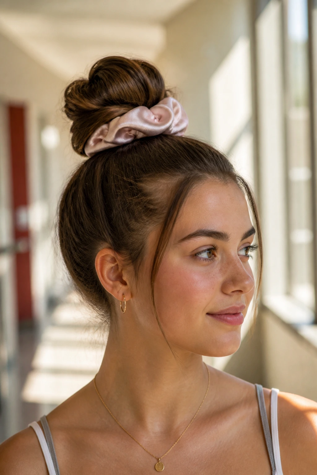 Close-up of a teen with a tall topknot secured by a silk scrunchie.