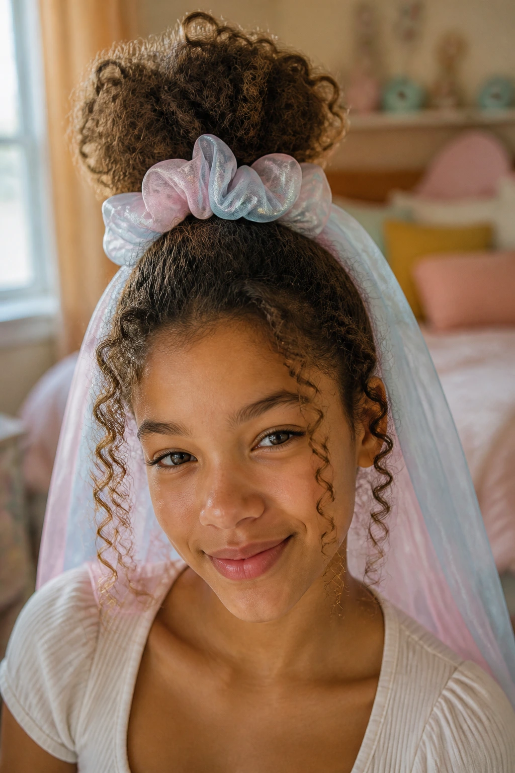 Close-up of real person with large central top knot and pastel scrunchie veil