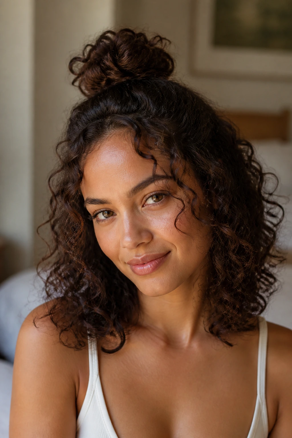 Close-up portrait of a real woman with a half-up topknot and shoulder-length curls