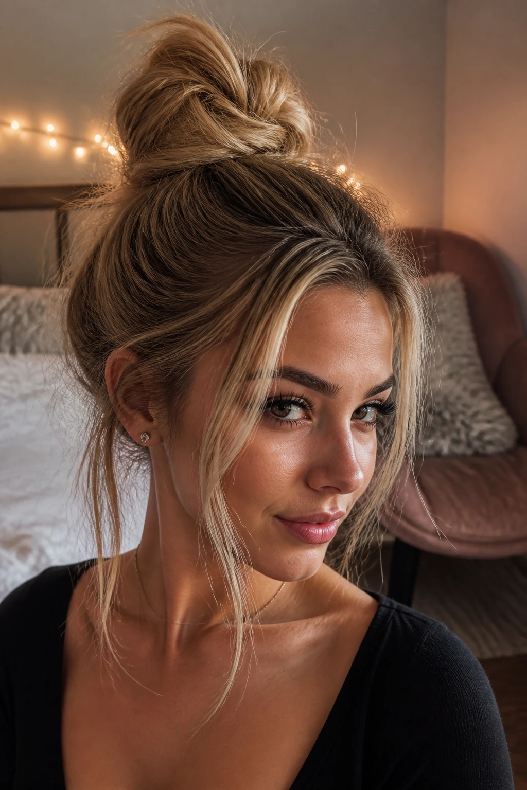 Close-up of a woman with messy top knot and face-framing tendrils