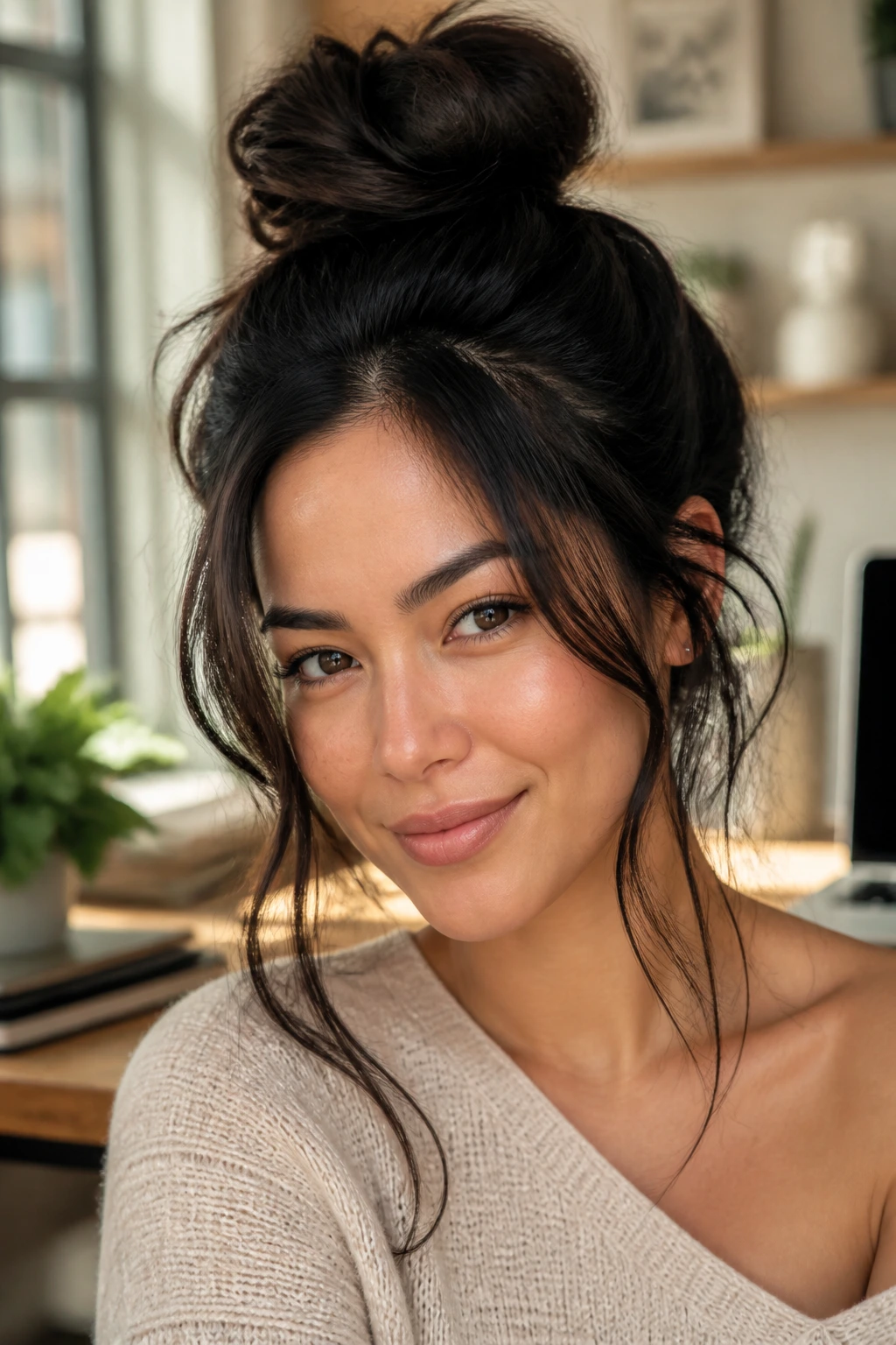 Close-up of real woman with messy topknot and face-framing tendrils