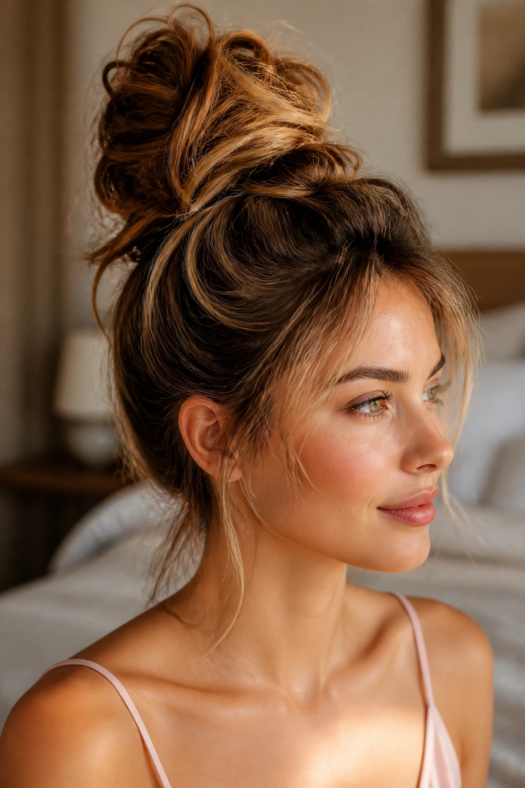 Close-up of a real woman with a voluminous messy topknot, warm window light