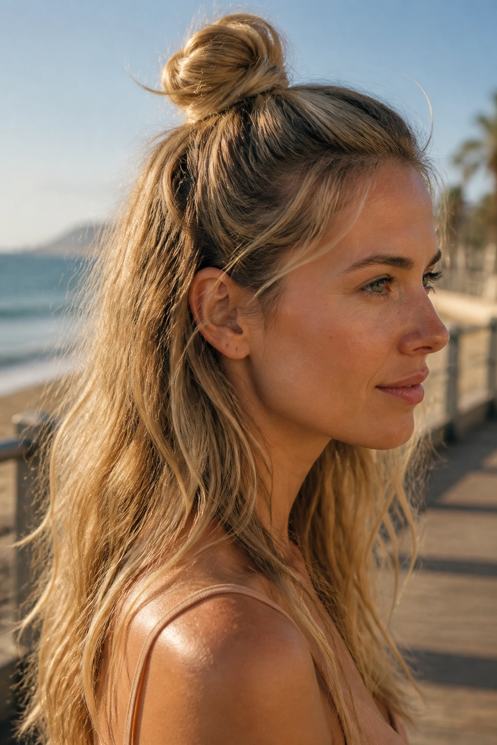 Portrait of a real woman with a topknot and beachy waves at the seaside