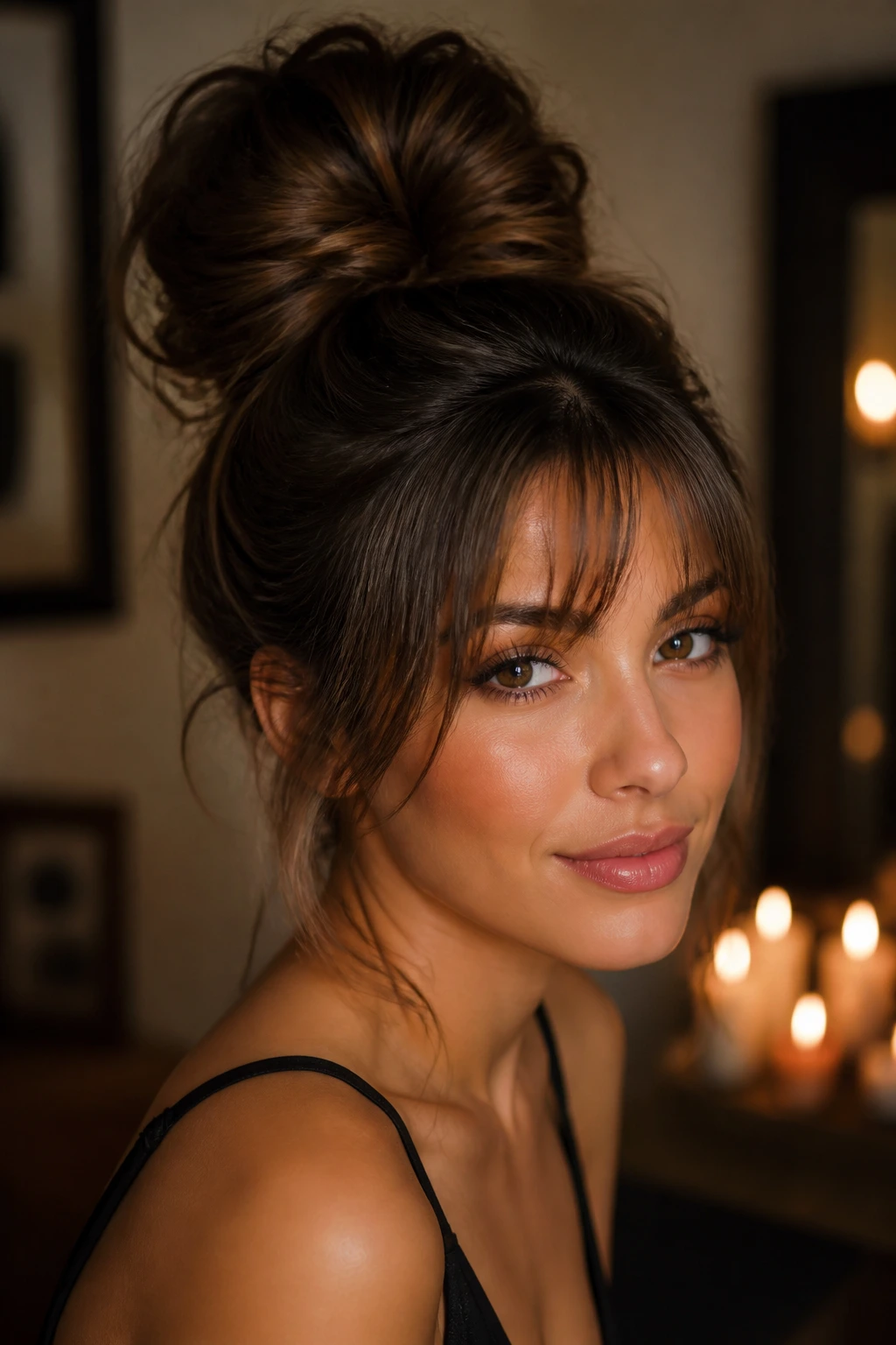 Close-up of a real person with a giant voluminous topknot and wispy bangs.