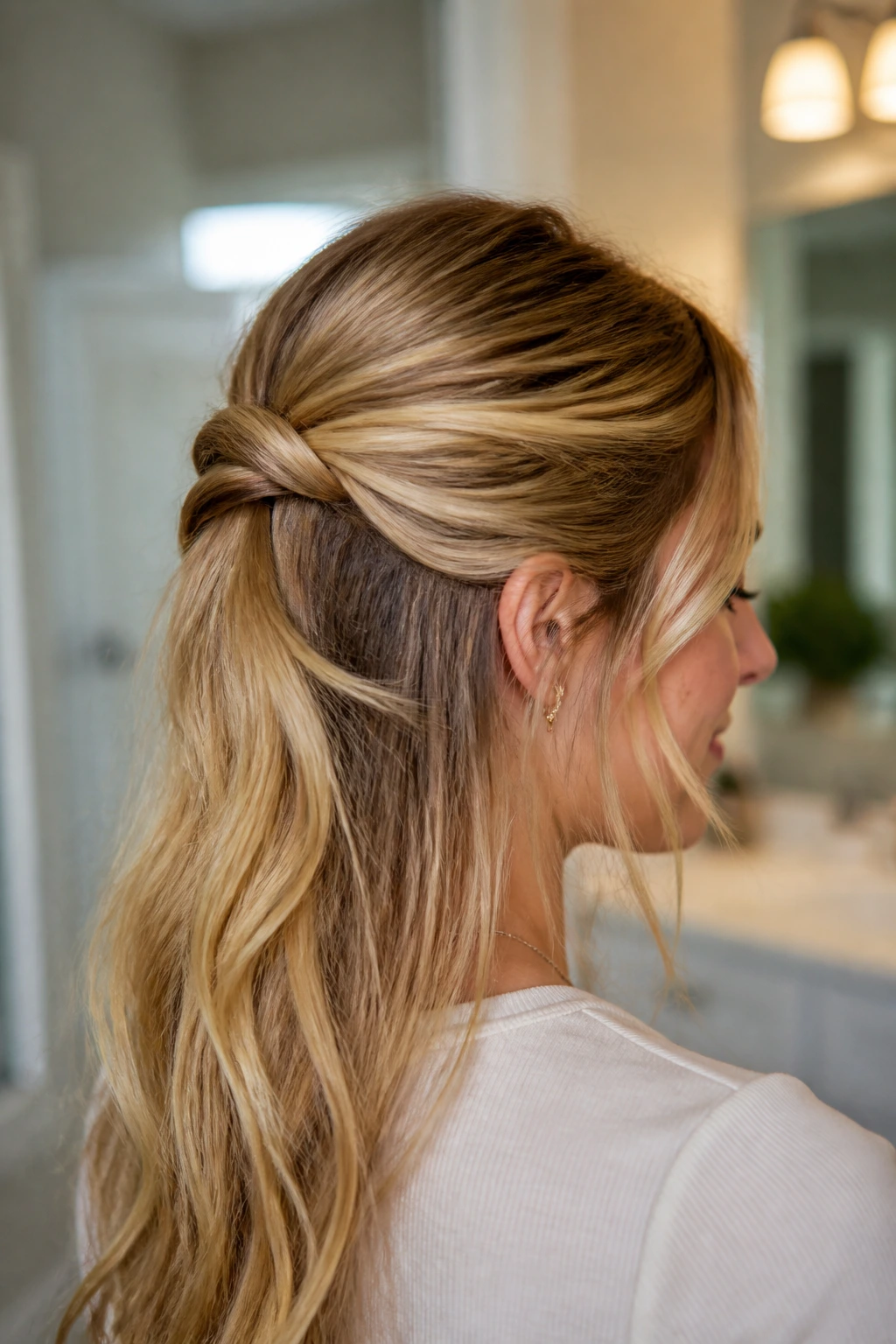 Back of head view of a real woman with a loop-through topsy tail half-ponytail
