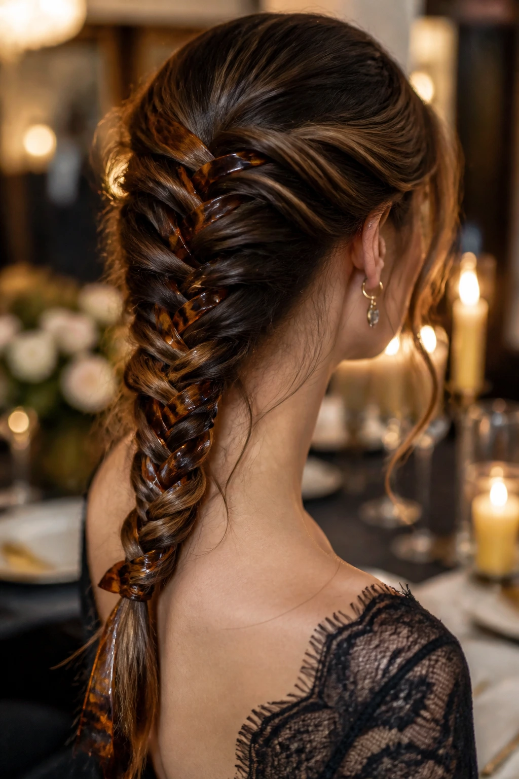 Back view of a real person with tortoiseshell ribbon woven into a fishtail braid.
