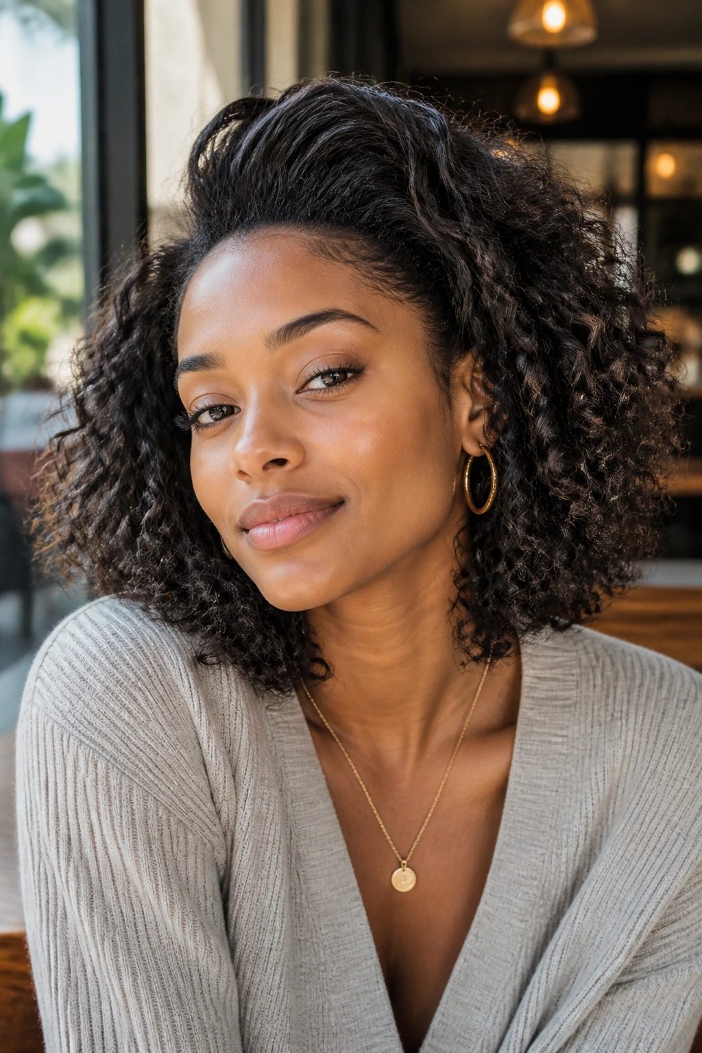 Close-up of a real person with a part-less toss-back bob, hair swept back in a voluminous style.