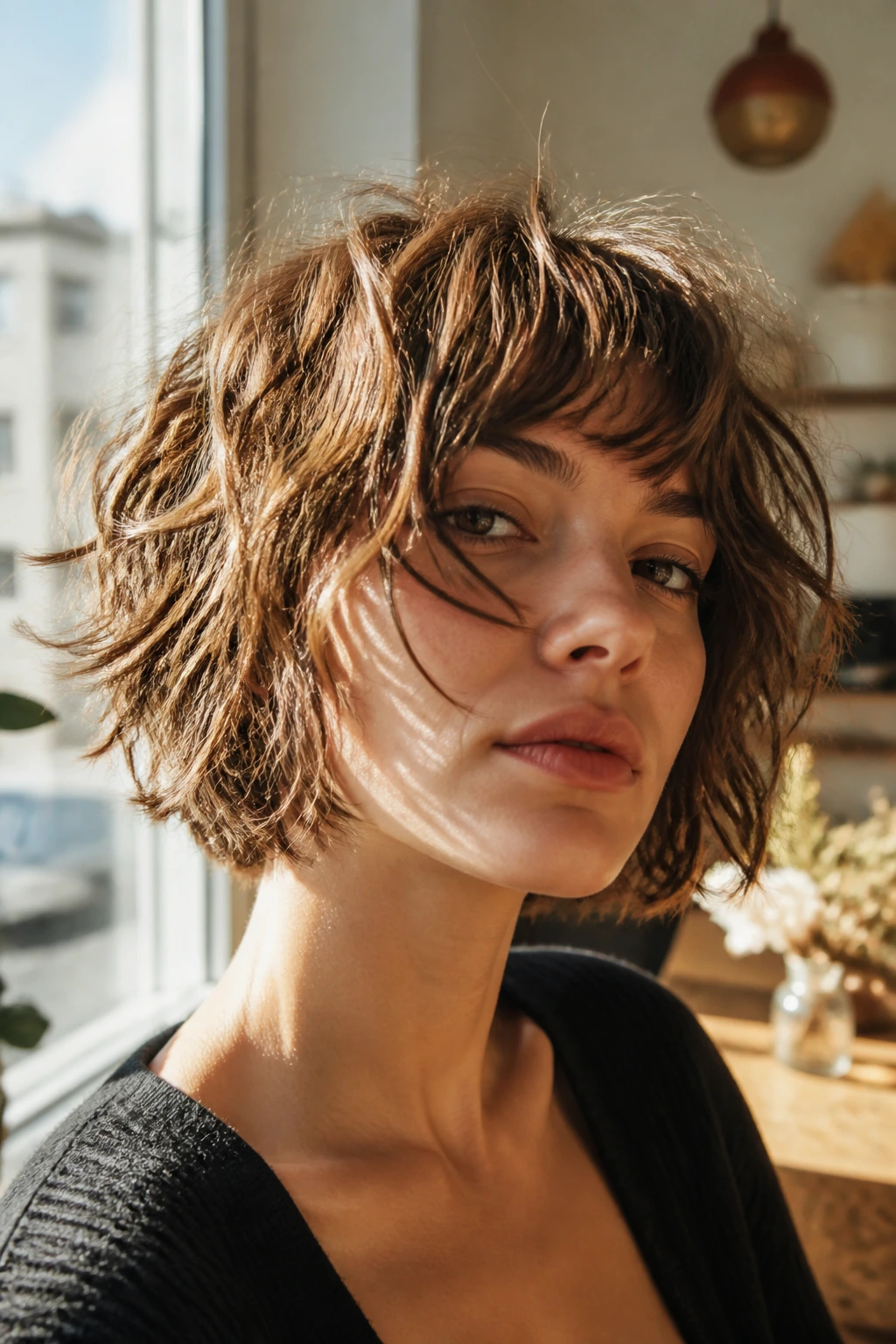 Close-up of a real woman with tousled bedhead bob and jagged ends