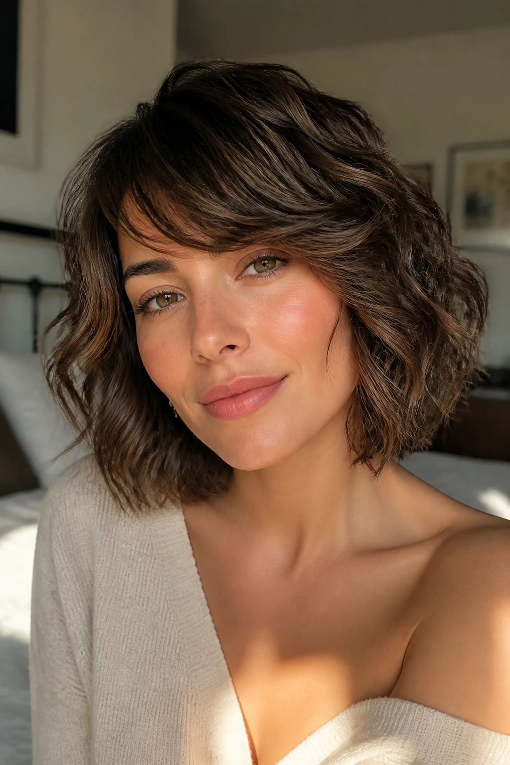Close-up of a real woman with tousled wavy bob and side-swept bangs in morning light