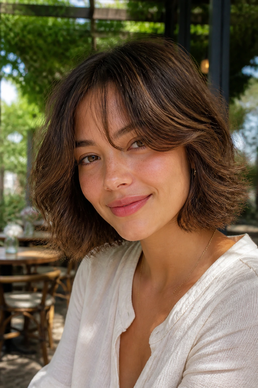 Close-up of a woman with a tousled wavy bob and curtain bangs