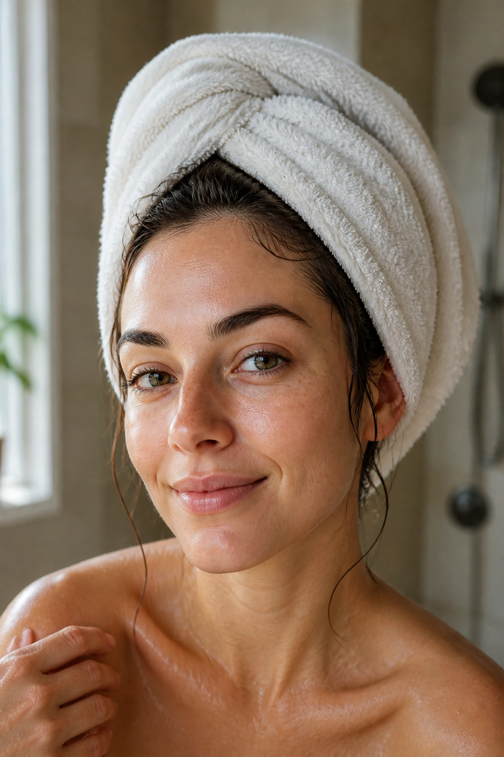 Close-up portrait of a real woman with a towel wrapped around her head in a bathroom, damp hair and soft morning light