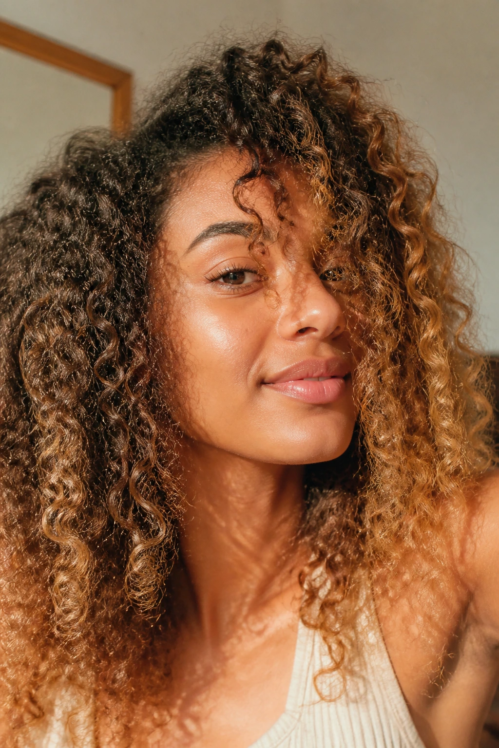 Close-up of a person with transitioning curly hair showing mixed textures