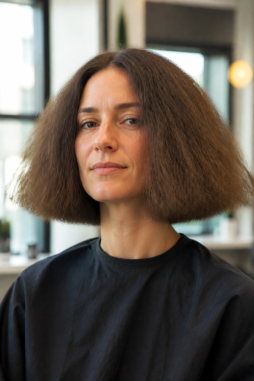 Close-up of a real woman with a triangle-shaped bob lacking layers