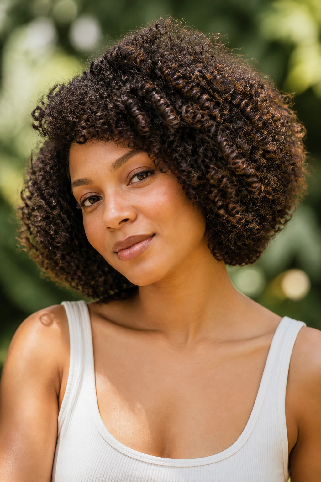 Portrait of a person with voluminous triangle-shaped curly bob in outdoor light