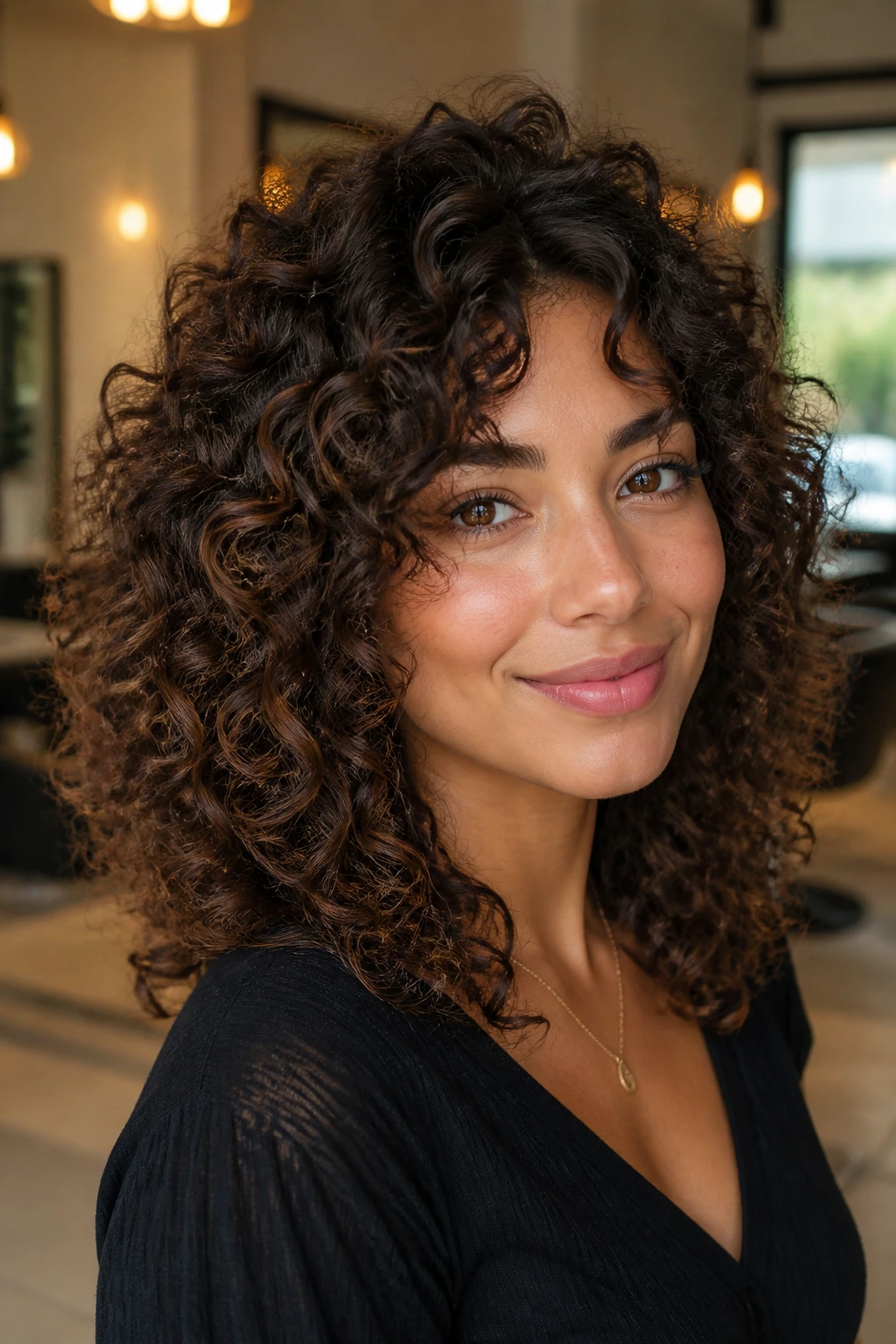 Portrait of a real person with triangle-control cut and crown volume