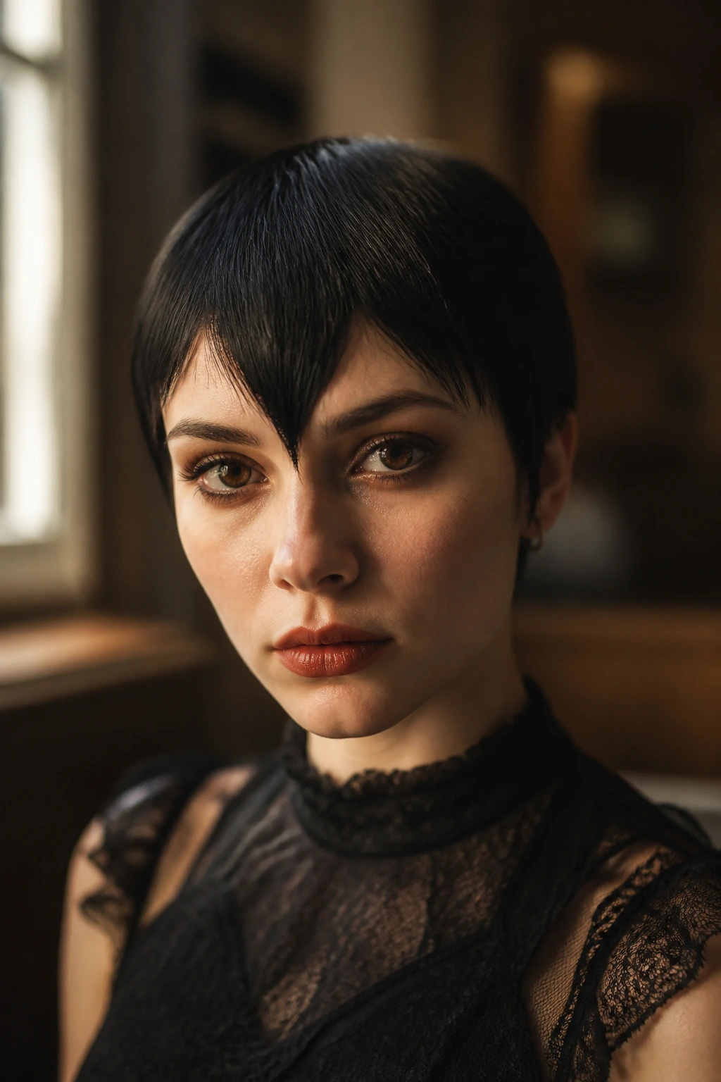 Close-up of a real woman with a sharp triangle fringe framing the face.