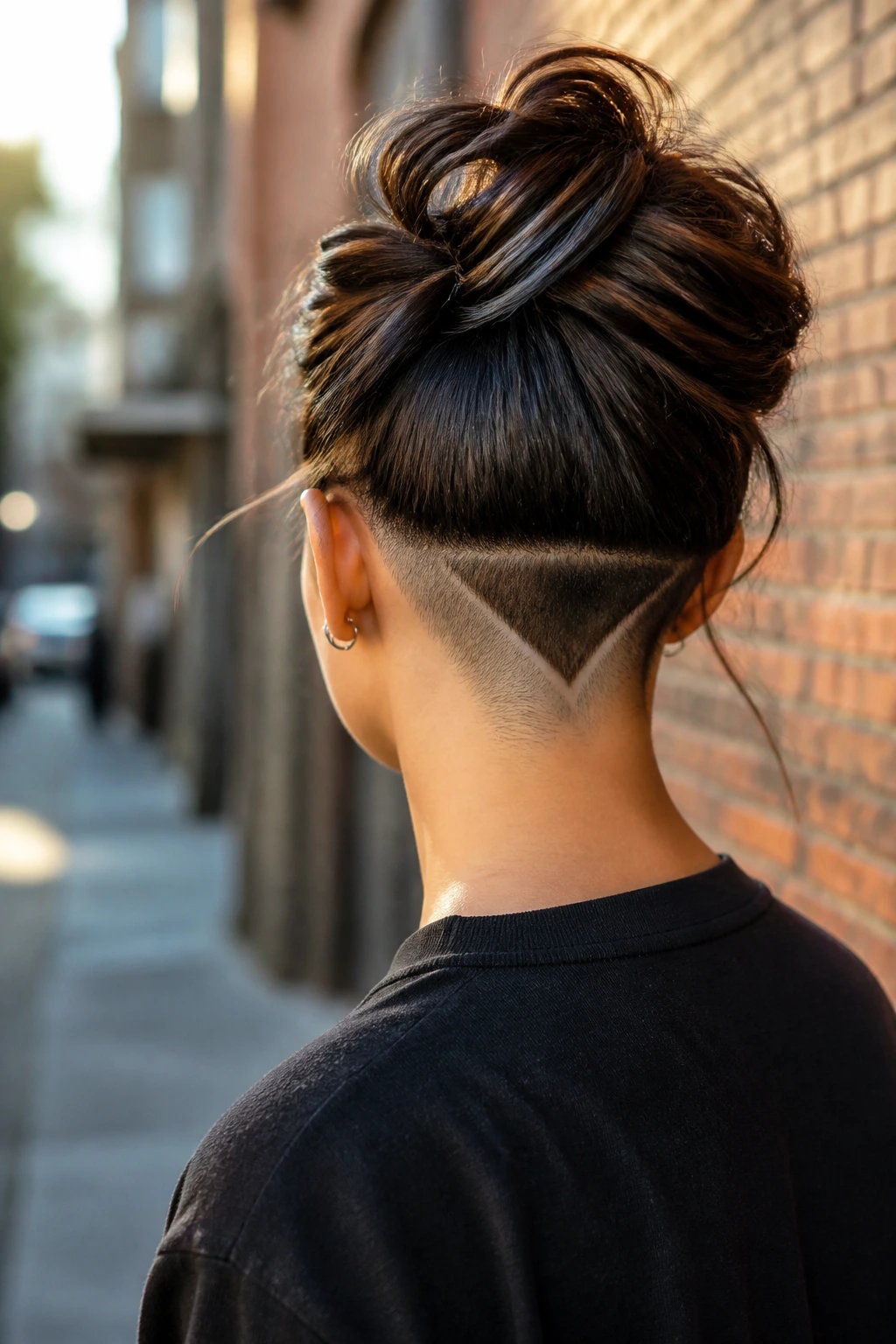 Back view of a head showing an inverted triangle shaved into the nape.