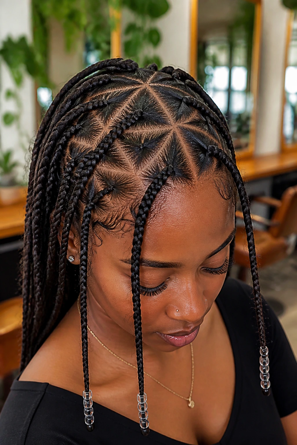 Close-up of a real woman with triangle-part braids in a bright salon-like setting