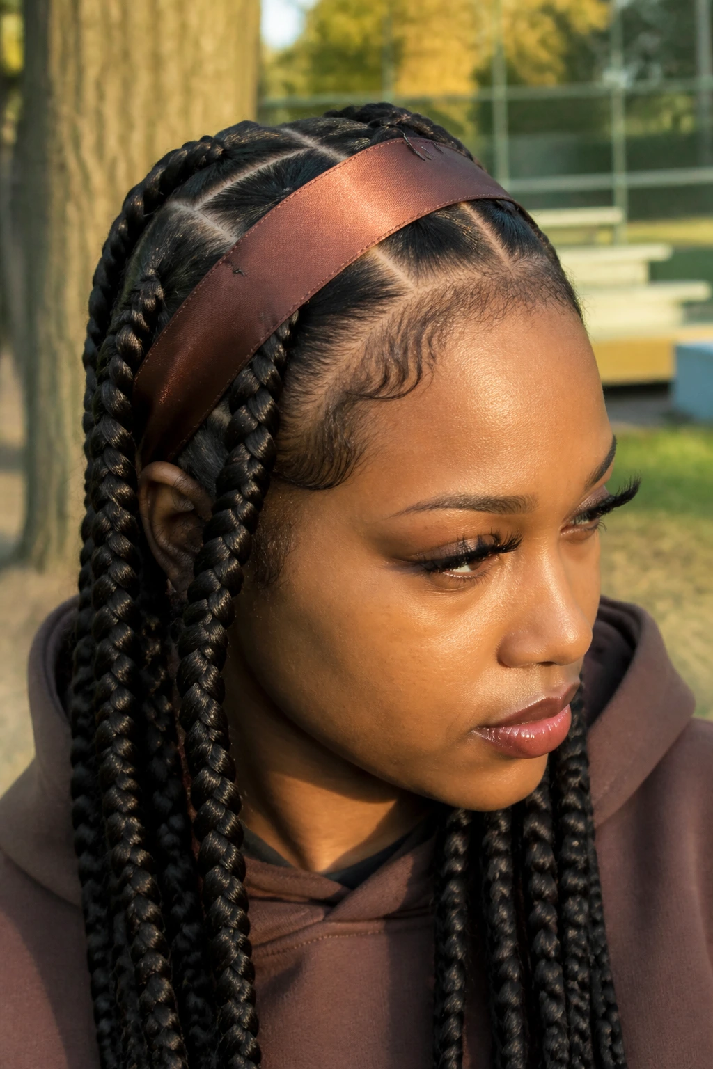 Real person with jumbo triangle part braids and satin ribbon headband.