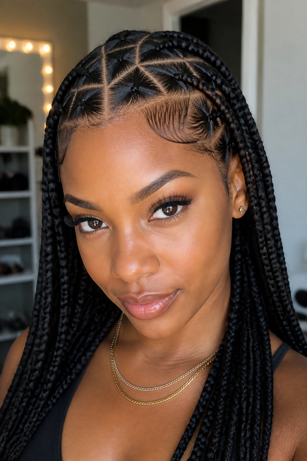 Close-up of a real woman with triangle-parted braids showing triangles on the scalp