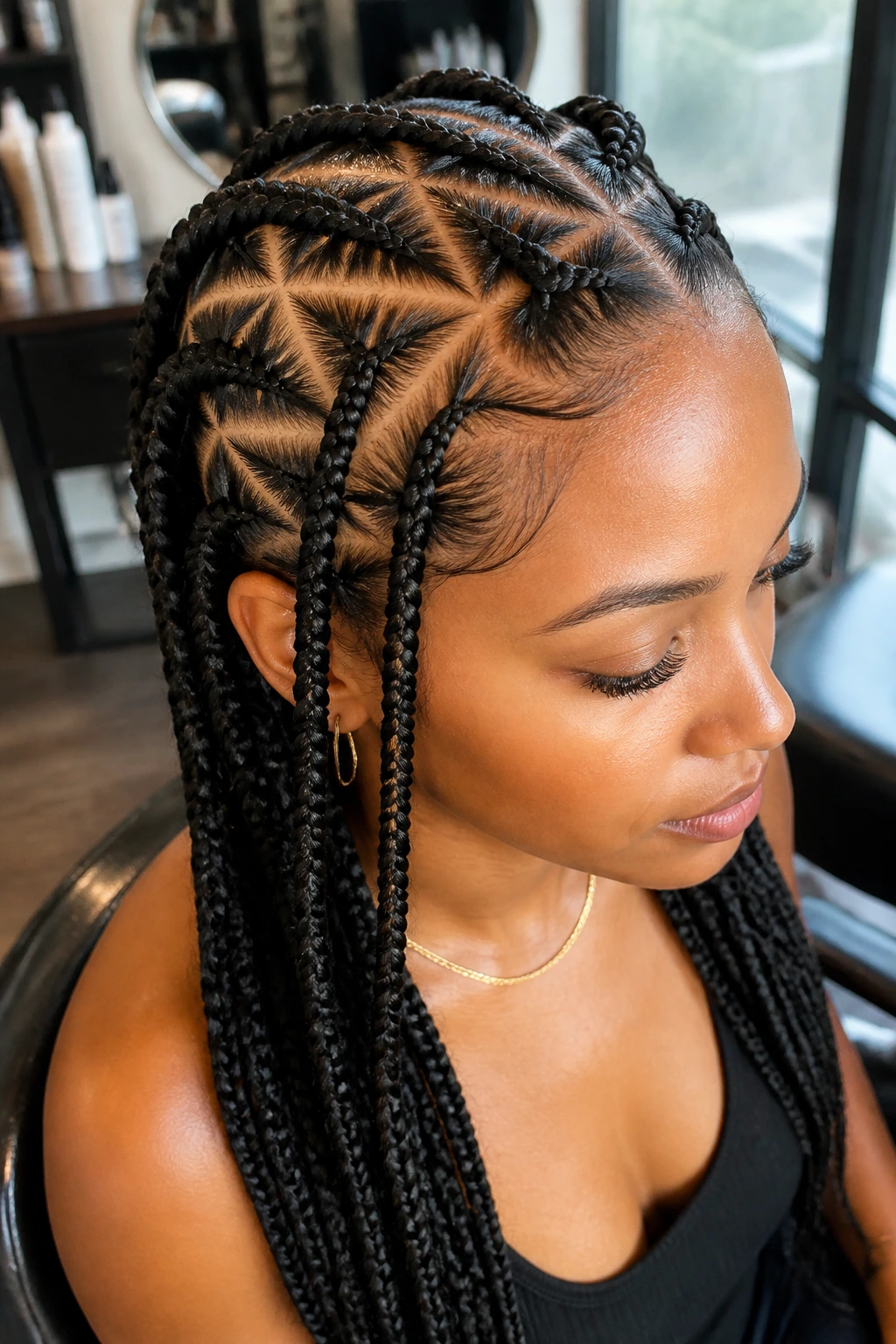 Portrait of a real woman with triangular partings in pencil braids.