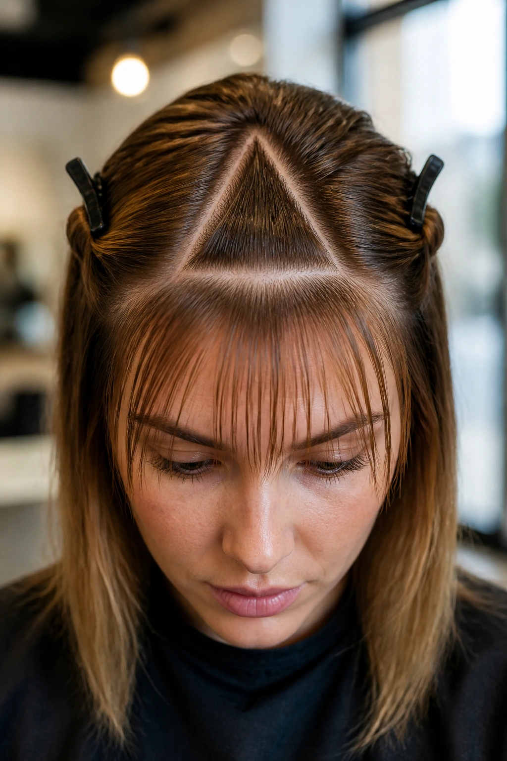 Close-up of a real person showing a deep crown apex triangle for fringe