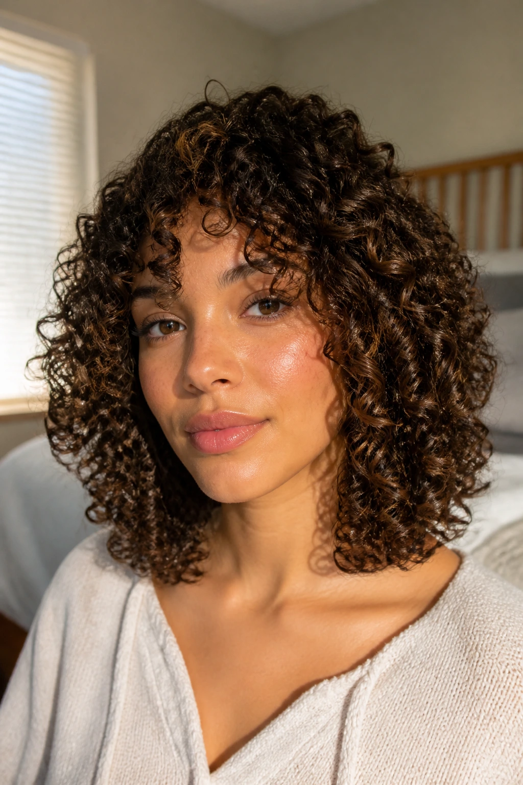 Close-up of shoulder-length curls forming a rounded shape to avoid triangle silhouette