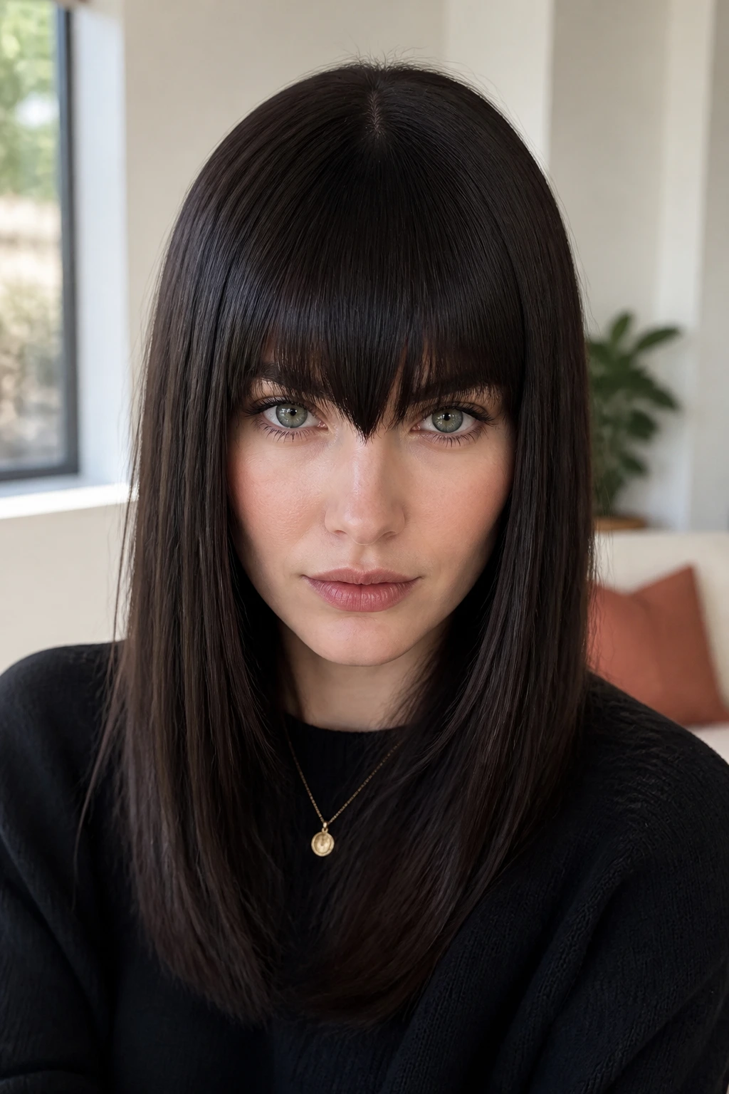 Close-up of a real person wearing a deep triangular fringe across the forehead.
