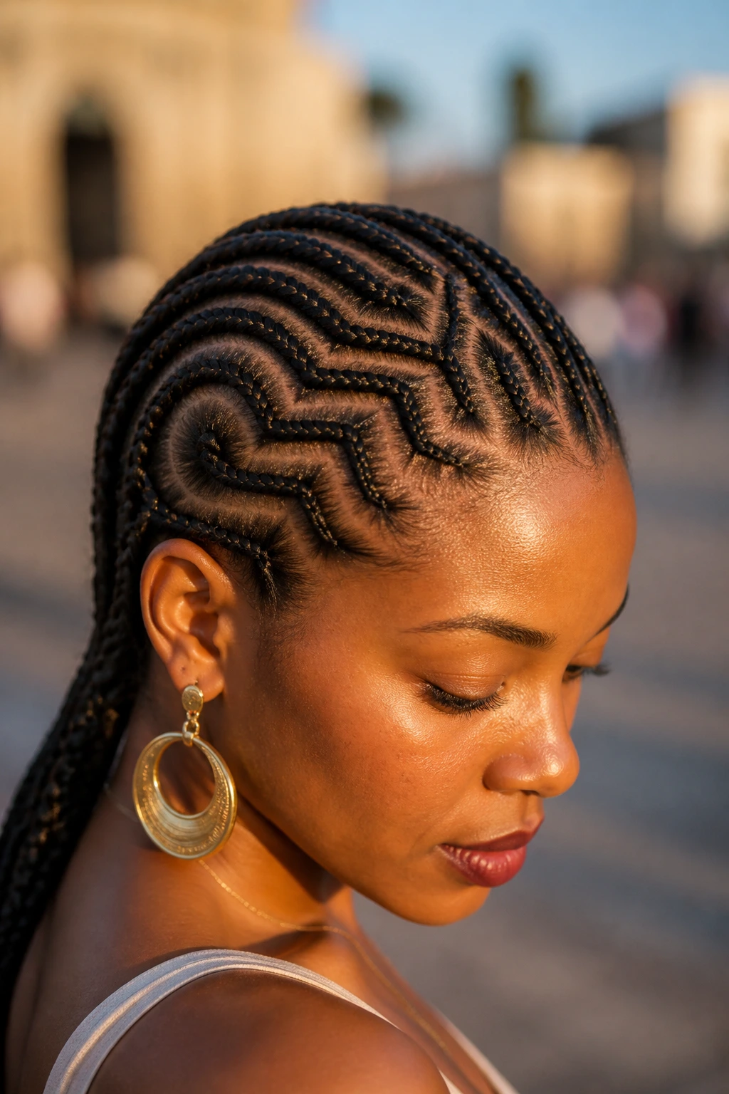 Close-up of tribal braids with geometric patterns outdoors