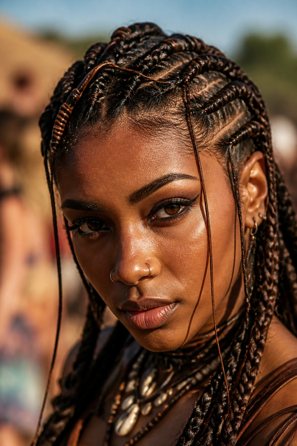 Real person with tribal braids wrapped in leather cords outdoors.