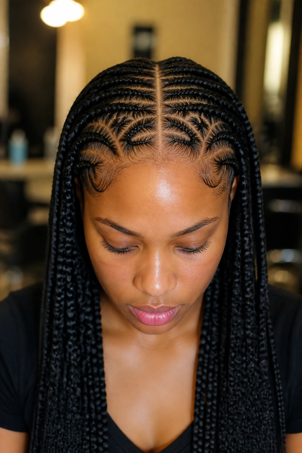 Close-up of tribal braids with a middle part on a real person