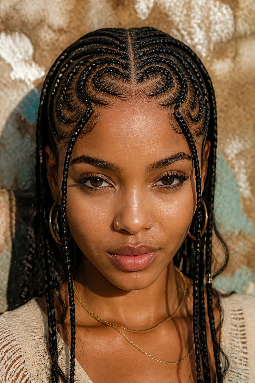 Close-up of tribal braids with center part and front heart pattern in natural light