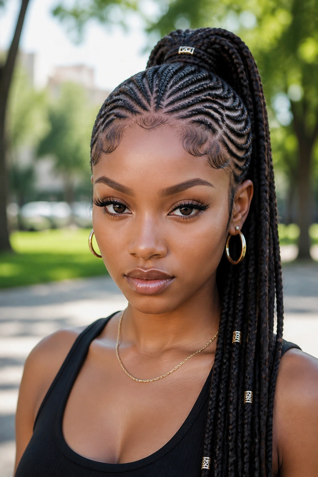Close-up of a real woman with tribal braids and crown-front pattern in daylight.