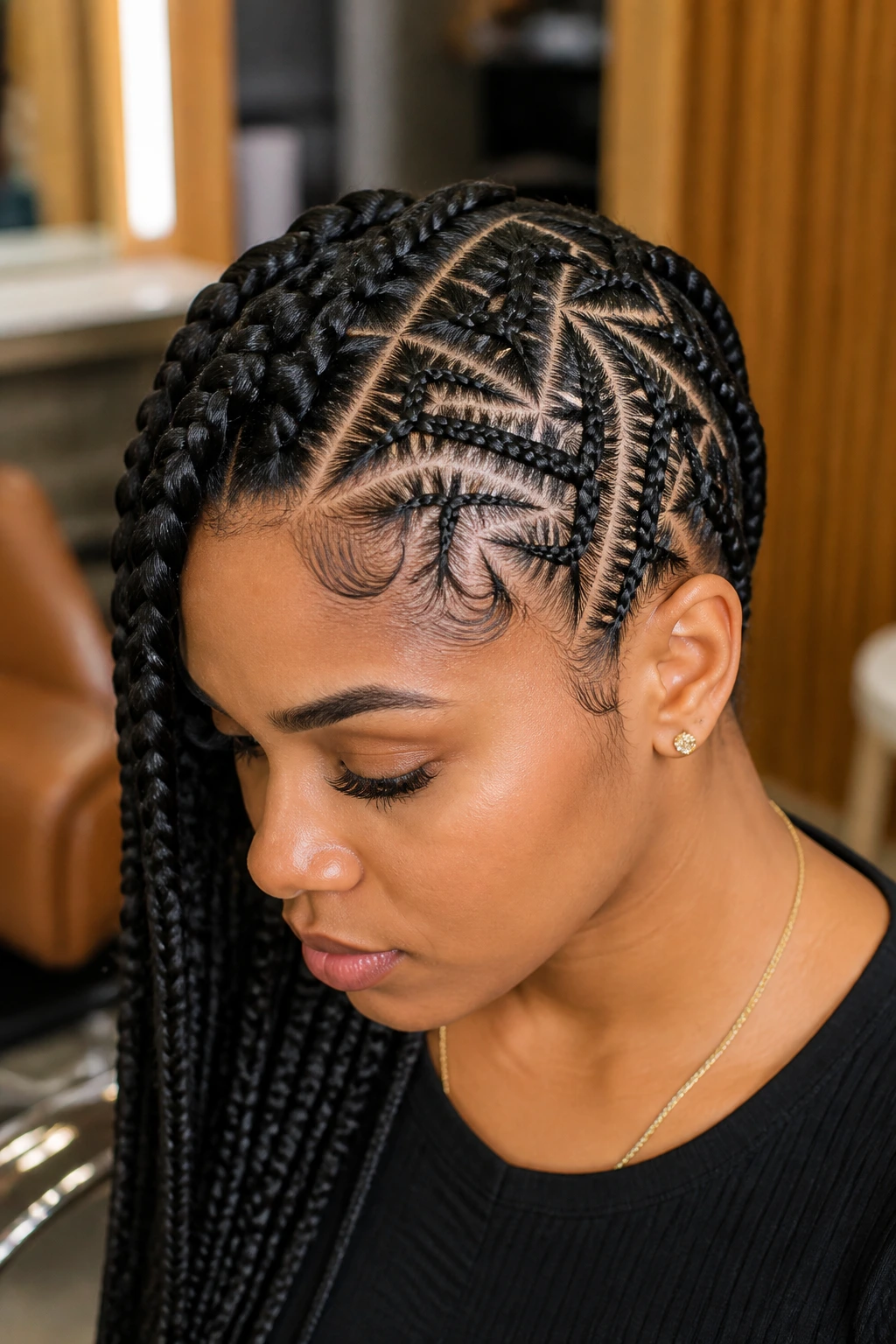 Close-up portrait of a woman with tribal braids in a salon setting