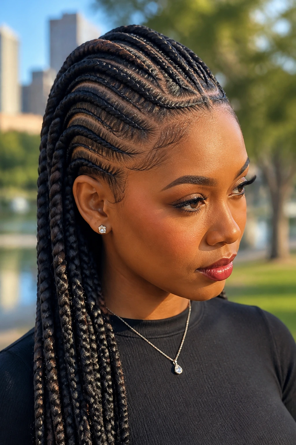 Close-up portrait of tribal braids with side-swept patterns on a real person