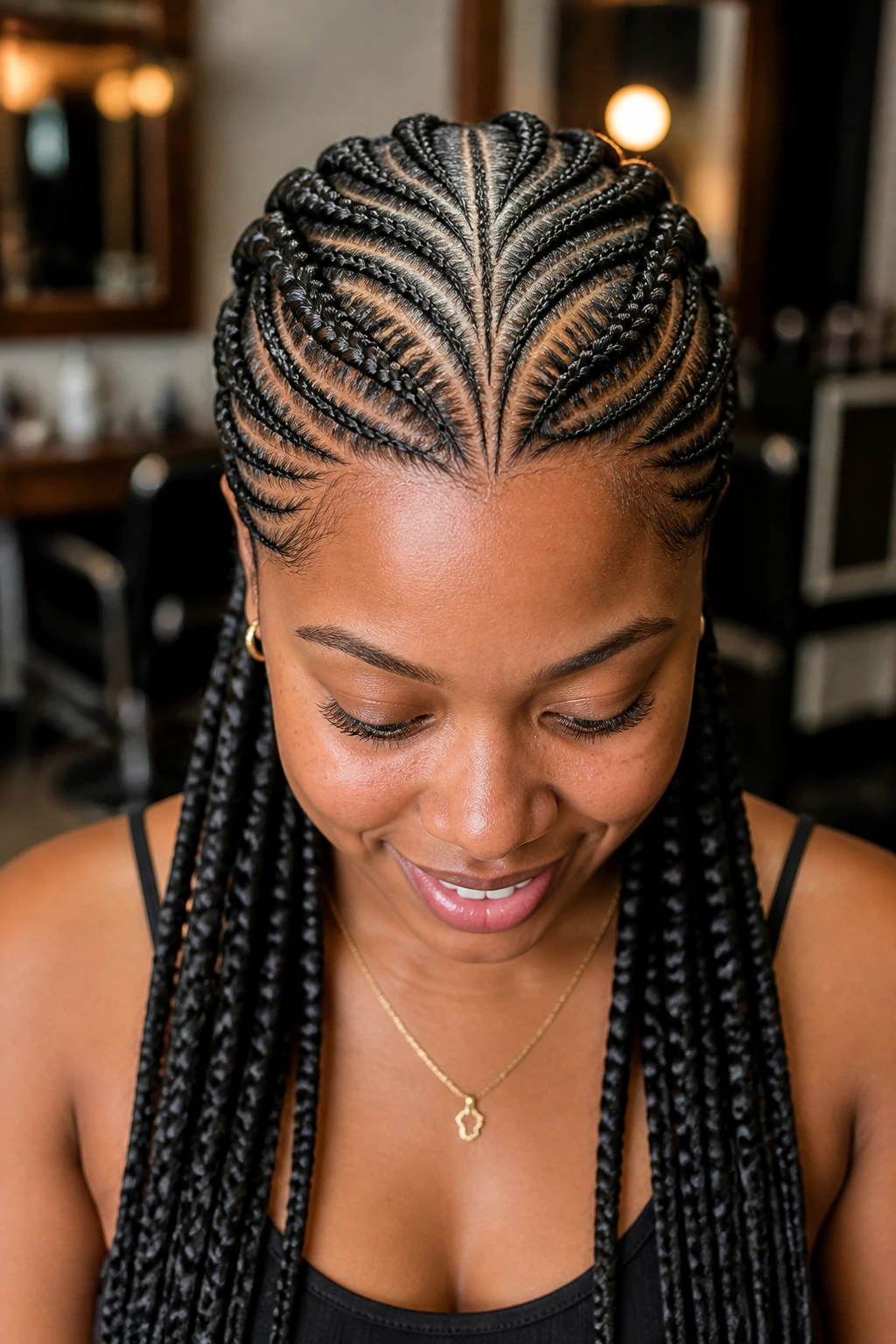 Close-up of a real woman with tribal braid patterns and middle-part symmetry