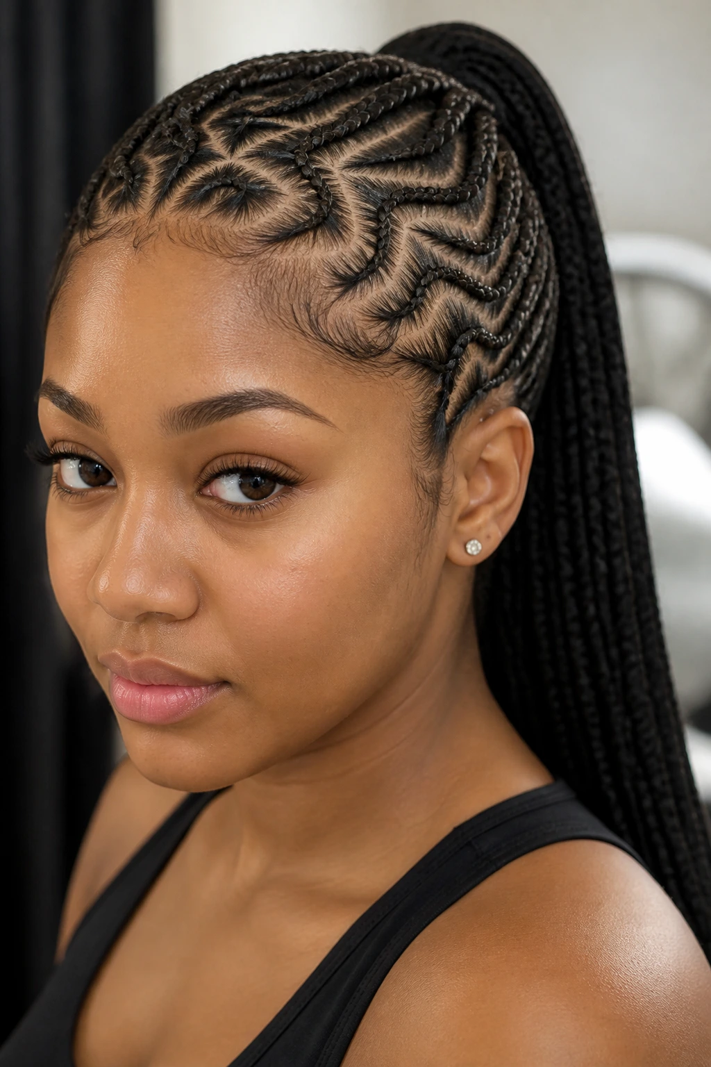 Close-up of real person with tribal-inspired cornrows and long braided ponytail