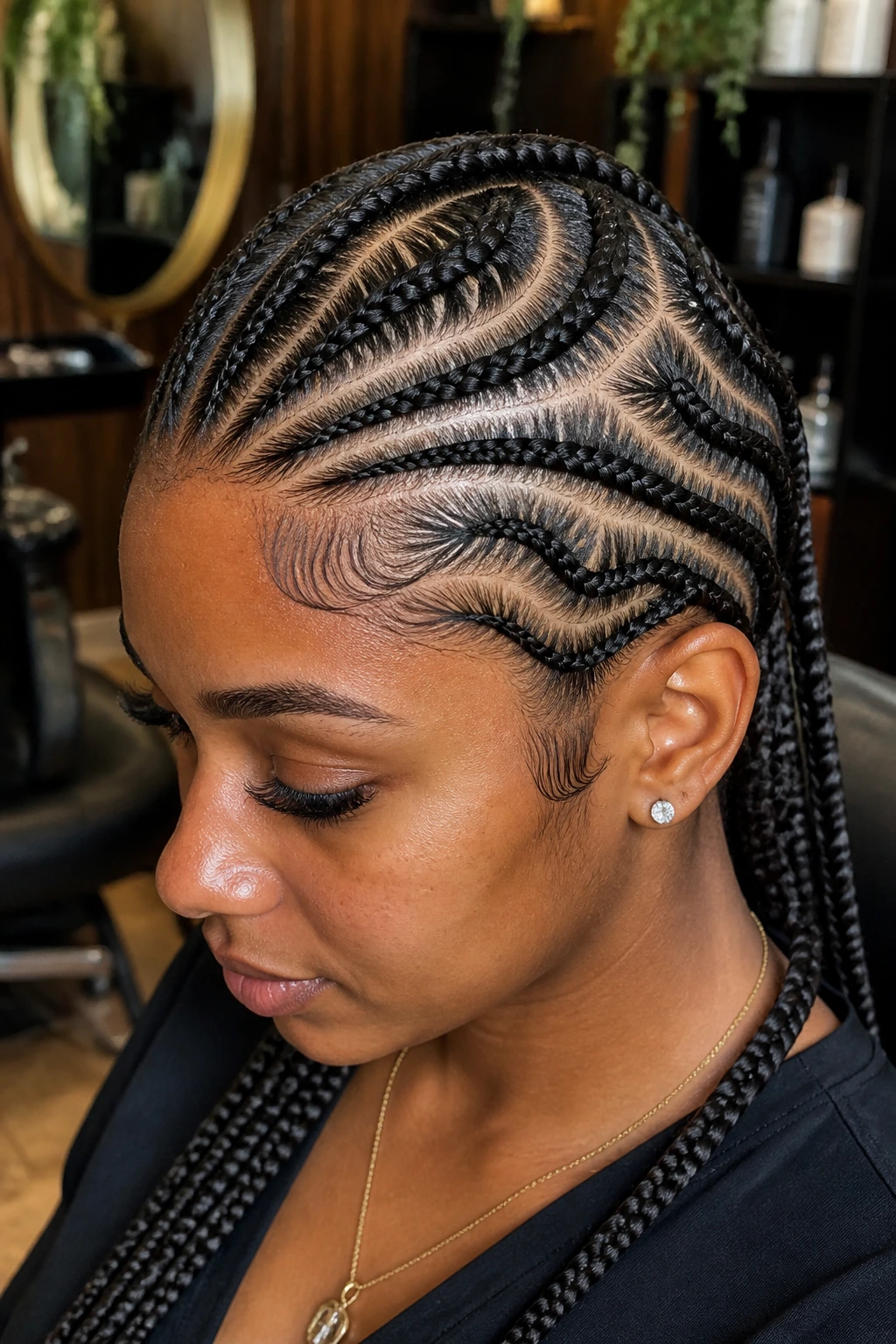 Close-up of tribal-inspired cornrow design on a real person's scalp