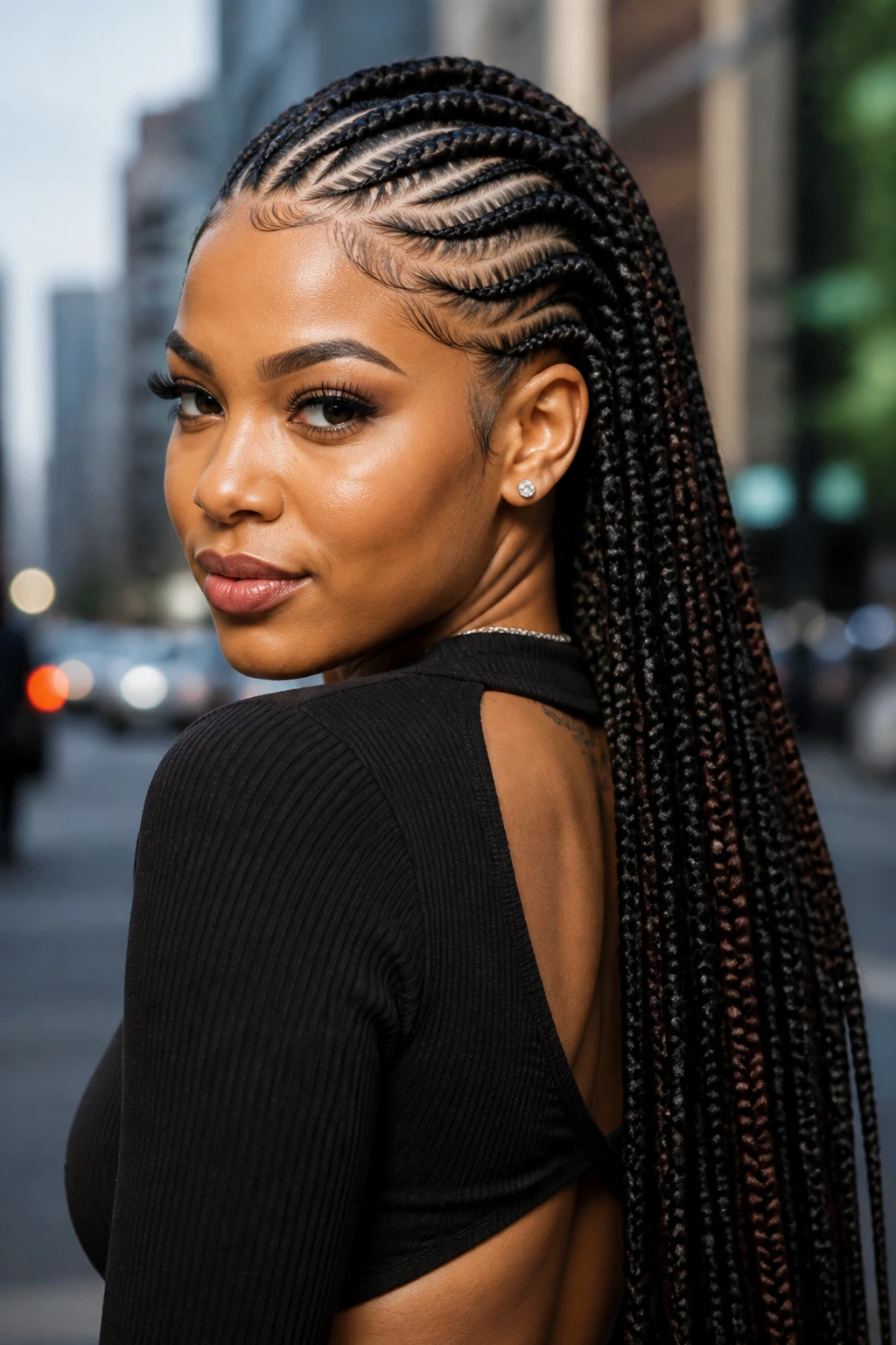 Medium close-up of a real woman with tribal feed-in braids