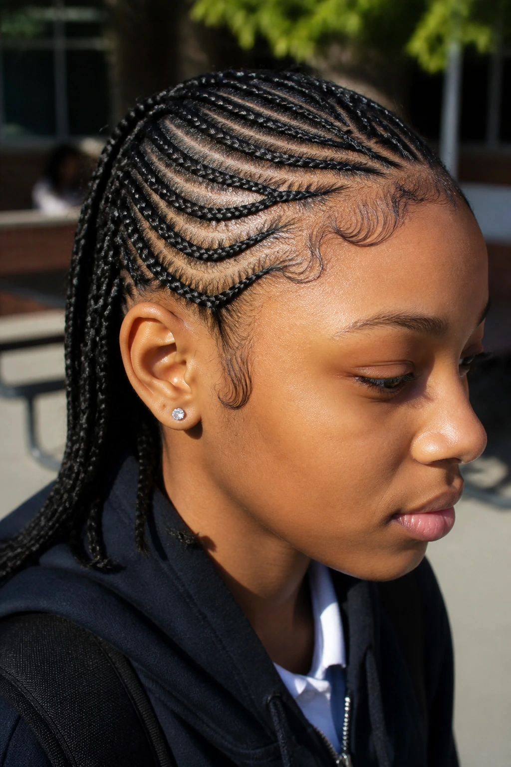 Portrait of a real student with tribal feed-in braids in courtyard