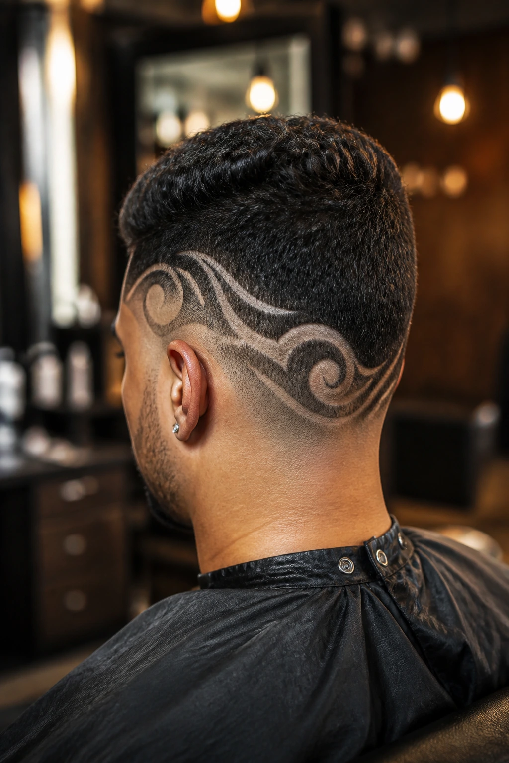 Back-of-head view with a faded tribal swirl around the skull