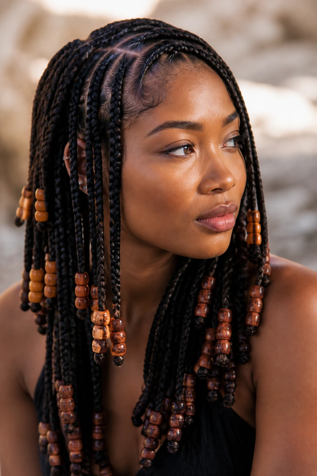 Close-up of a real woman with tribal goddess braids and beaded ends