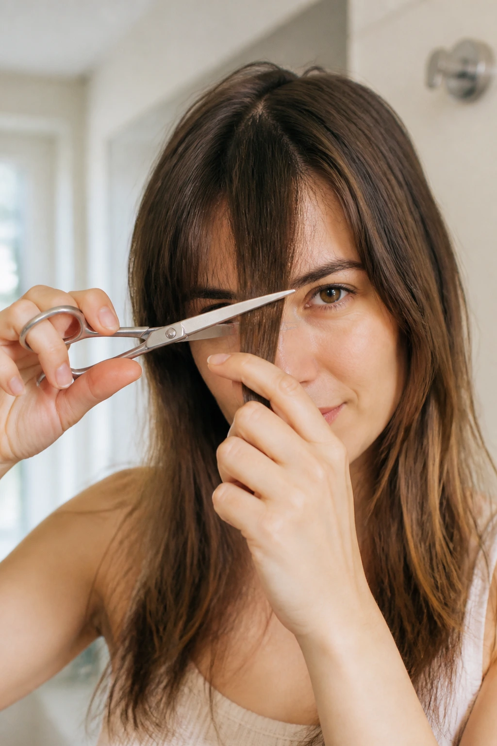 Person trimming their bangs at home with hair scissors