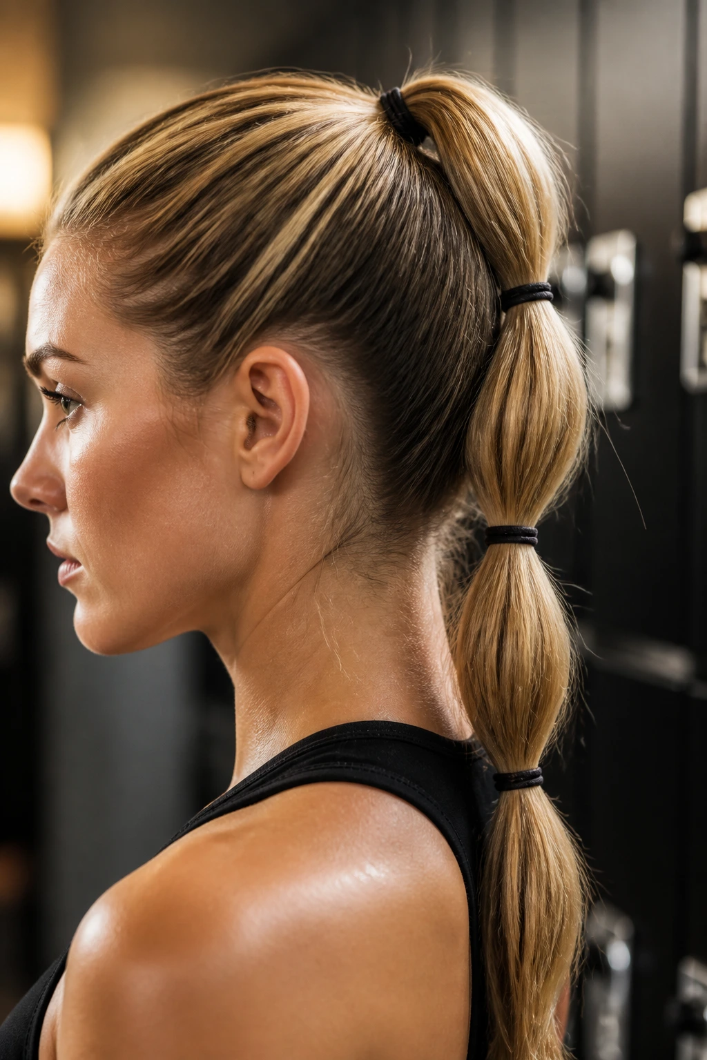 Close-up of a real person with a triple-banded ponytail