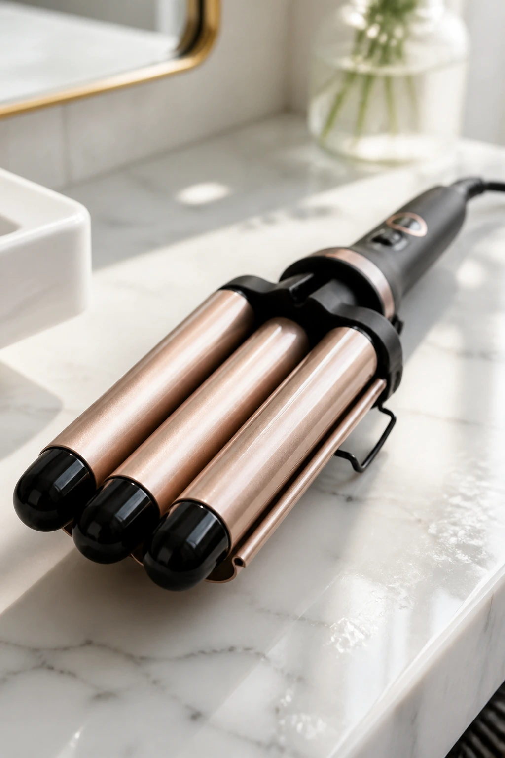 Close-up of a triple-barrel waver on a bright counter with soft light
