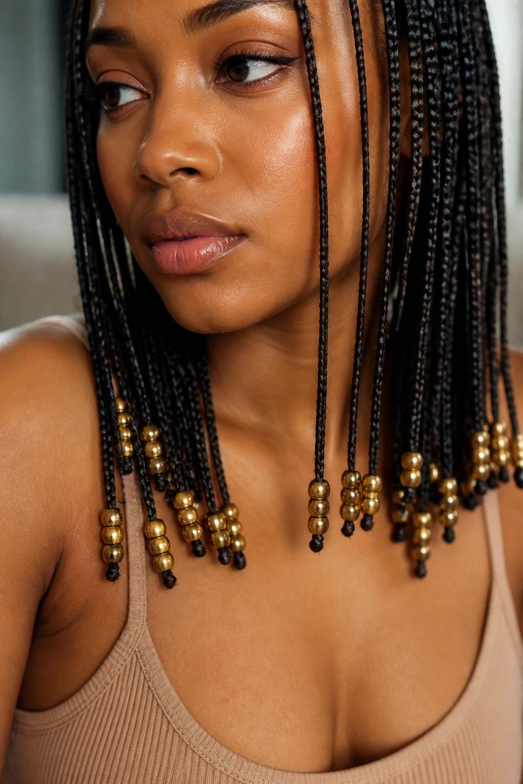 Portrait of a real woman with three beads stacked on braids