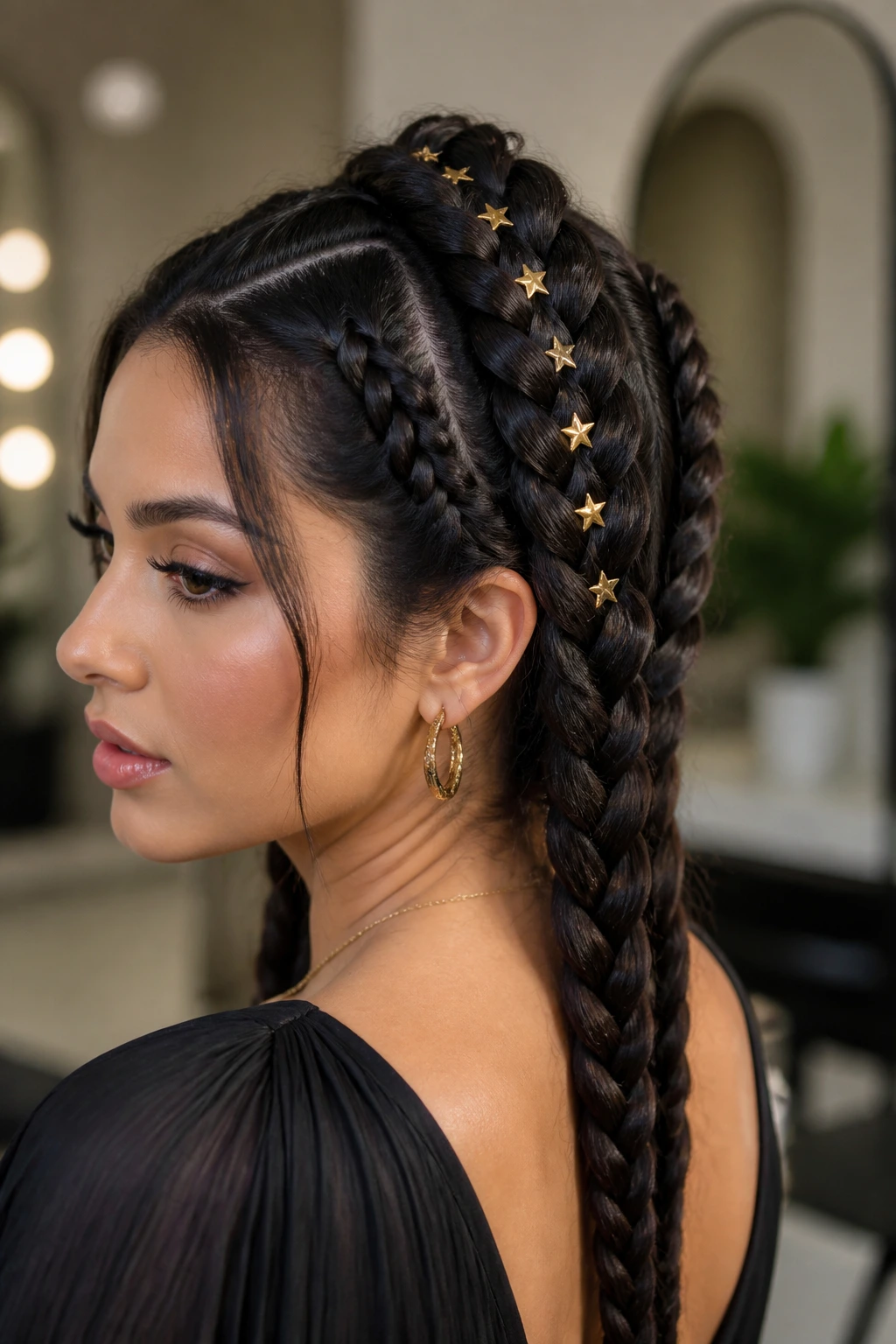 Medium close-up of a woman showing a central braid with star pins.